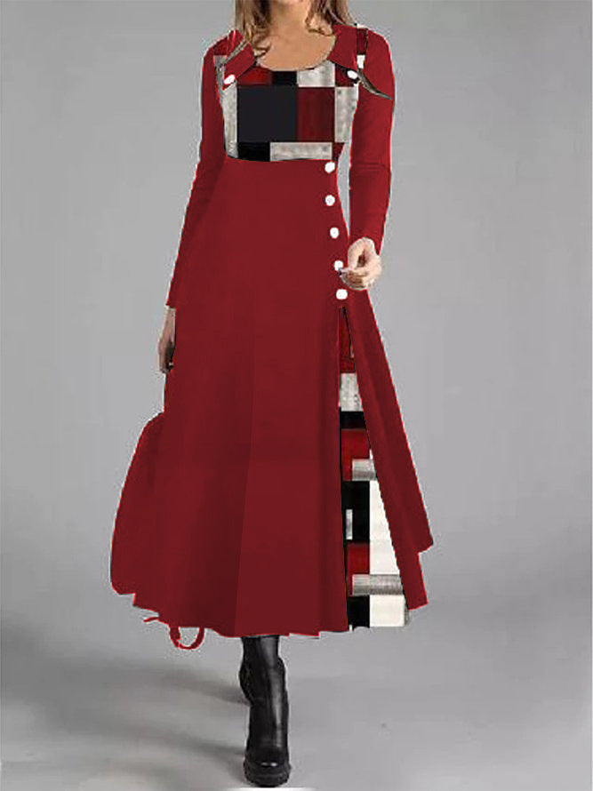 Levoire | Chic V Couleur graphique bouton rond Flare Robe Rouge vin