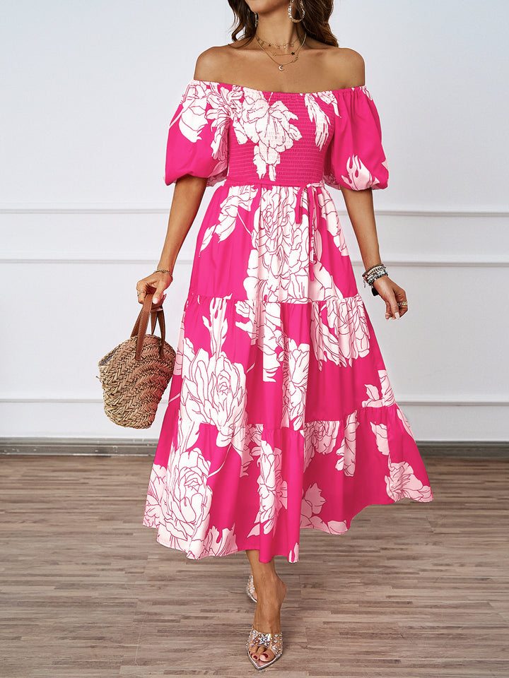 Robe Maxi Femme à Epaule Dégagée avec Manches Volumineuses et Imprimé Levoire