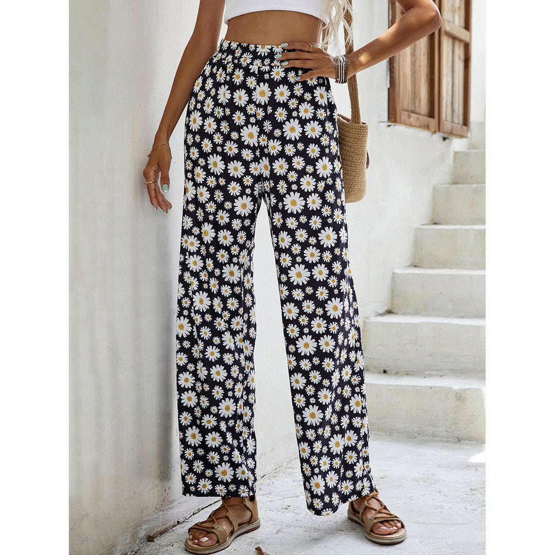 Pantalons larges d'été pour femmes avec motif floral et taille élastique Levoire