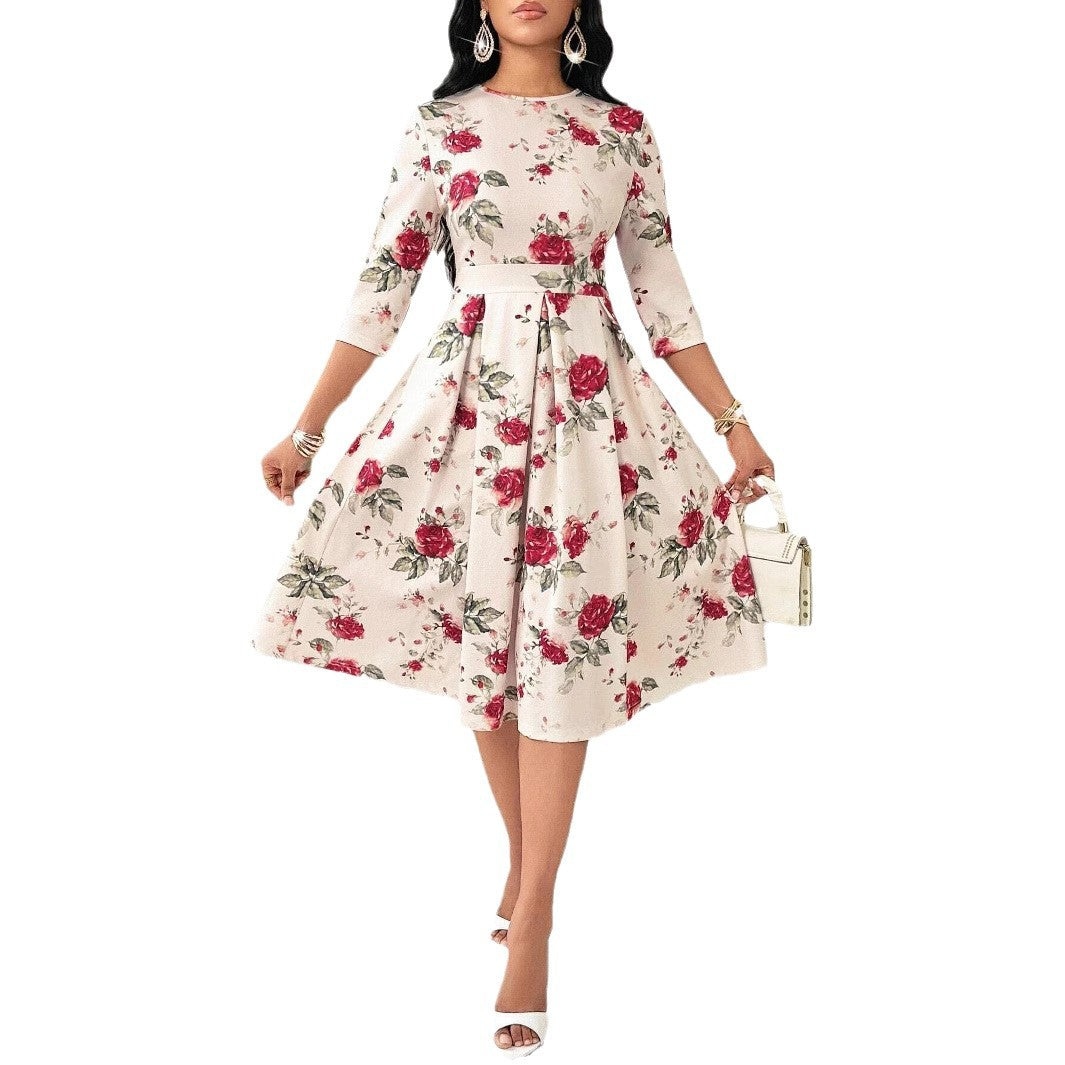 Levoire | Robe midi à motifs floraux élégante avec demi-rouleaux