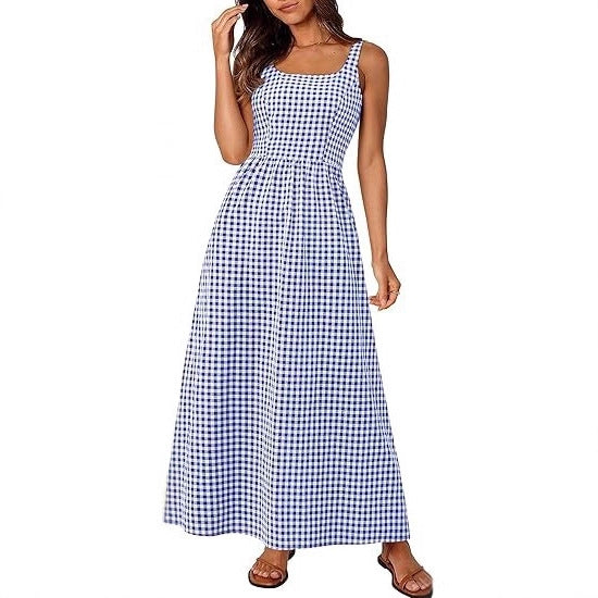 Robe maxi femme à motif à carreaux classique avec bretelles réglables et taille élastique Levoire
