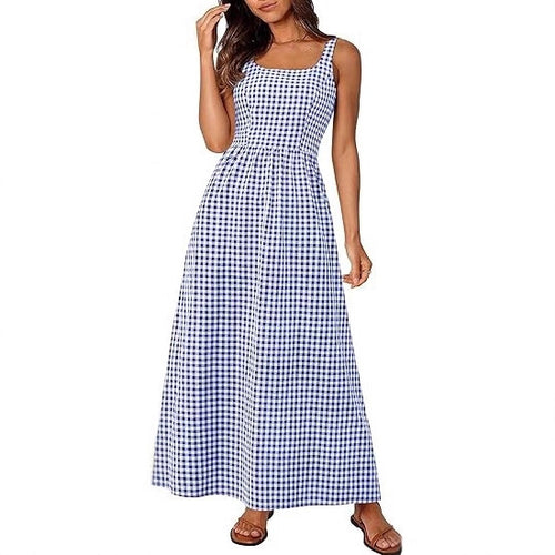 Robe maxi femme à motif à carreaux classique avec bretelles réglables et taille élastique Levoire