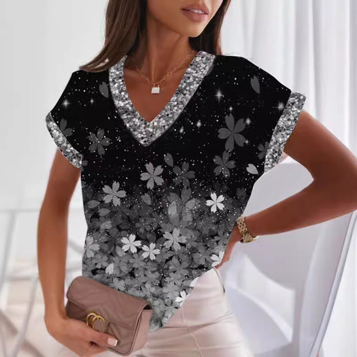 Levoire | T-shirt imprimé tendance à col en V et manches chauve-souris