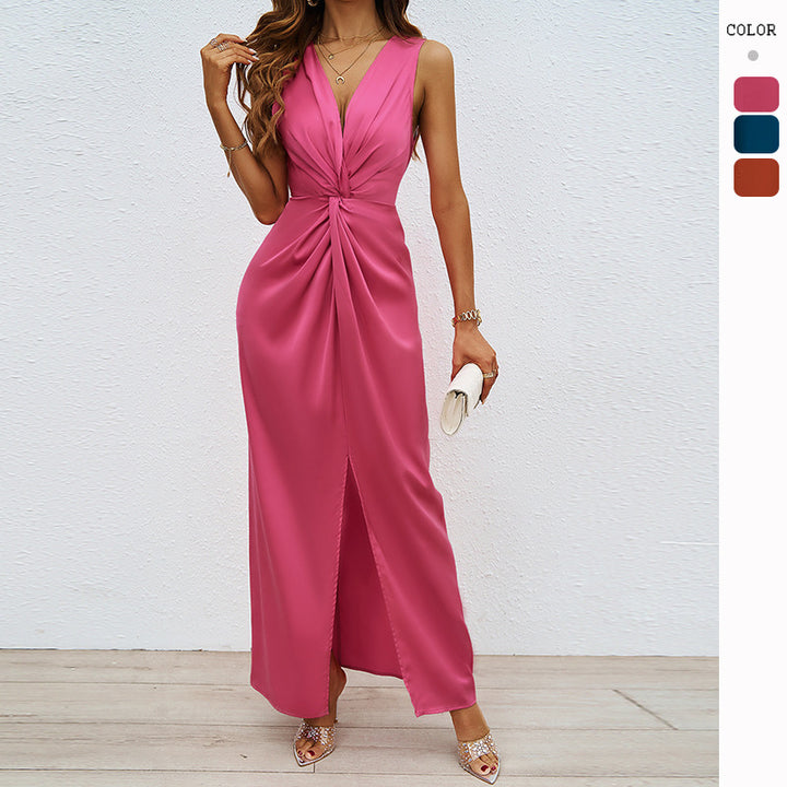 Robe Maxi Élégante pour Femmes avec Encolure Rassemblée Sophistiquée et Fente Latérale Levoire