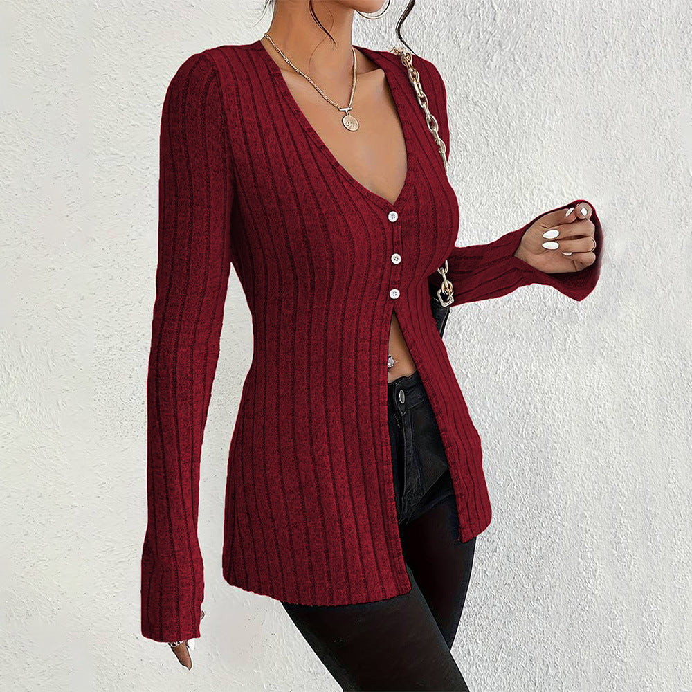 Cardigan pour femme à manches longues avec texture à côtes fines et détails de boutons élégants Levoire