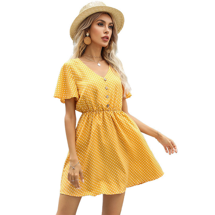 Robe à pois pour femmes avec taille élastique et détails de boutons élégants Levoire