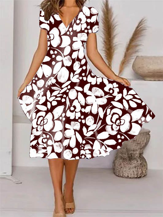 Levoire | Robe à manches courtes avec décolleté en V à imprimé floral élégant Bordeaux