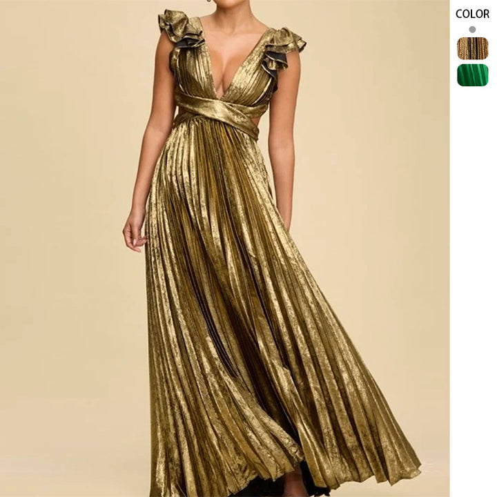Robe Maxi Élégante Femme avec Décolleté en V Profond et Détails Volants Levoire