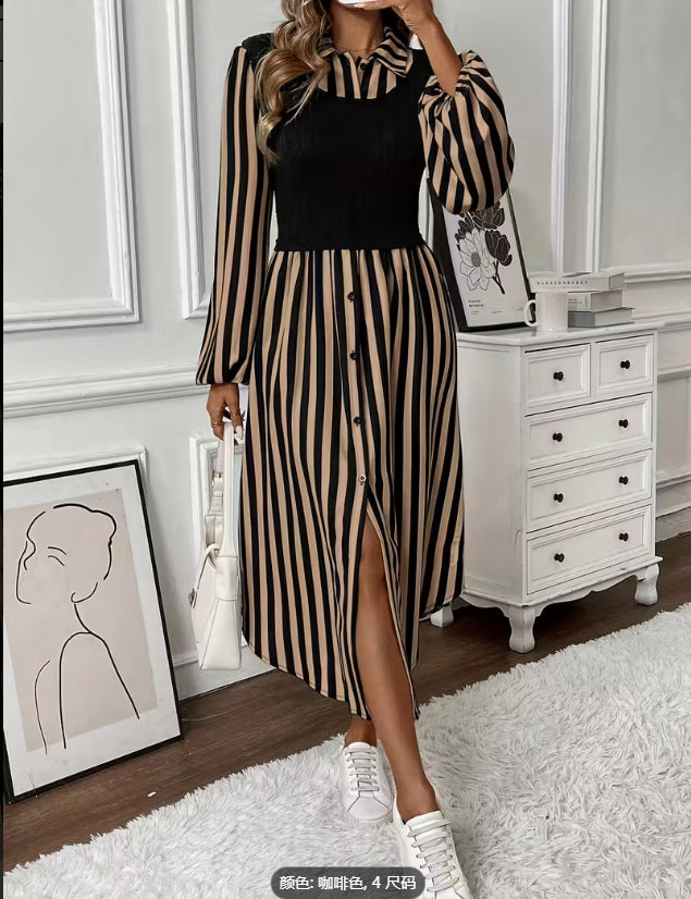 Robe rayée pour femmes avec haut ajusté et patte de boutonnage Levoire