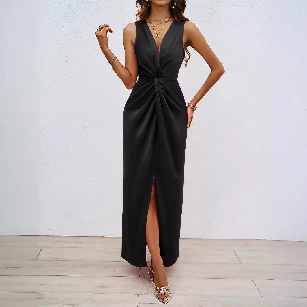 Robe Maxi Élégante pour Femmes avec Encolure Rassemblée Sophistiquée et Fente Latérale Levoire