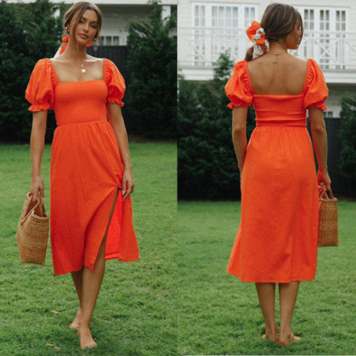 Robe midi femme avec manches bouffantes et fente latérale Levoire