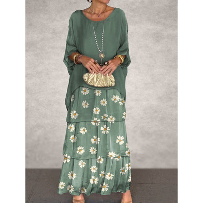 Levoire | Élégante Robe Longue à Manches Batwing et Col Ronde pour Femme Vert foncé motif de marguerite