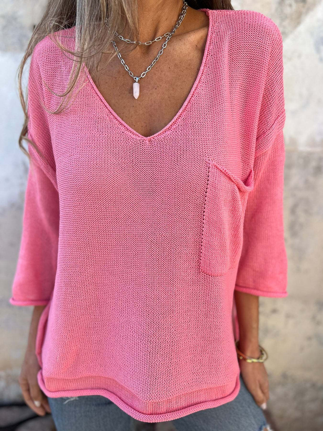 Levoire | Haut En Tricot Décontracté À Col En V Avec Poches Rosa