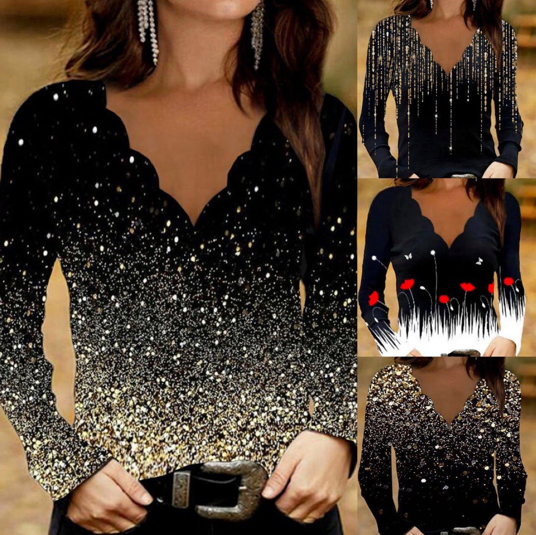Levoire | T-shirt à col en V à impression tendance en vagues