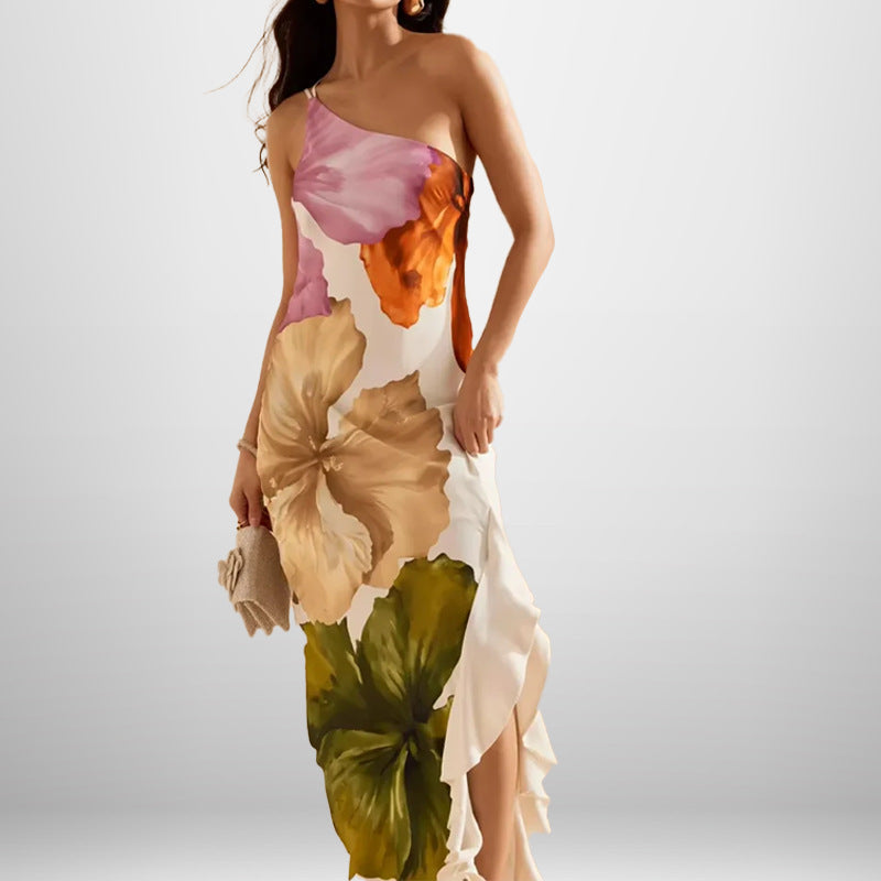 Robe maxi pour dames avec motif floral et décolleté asymétrique Levoire