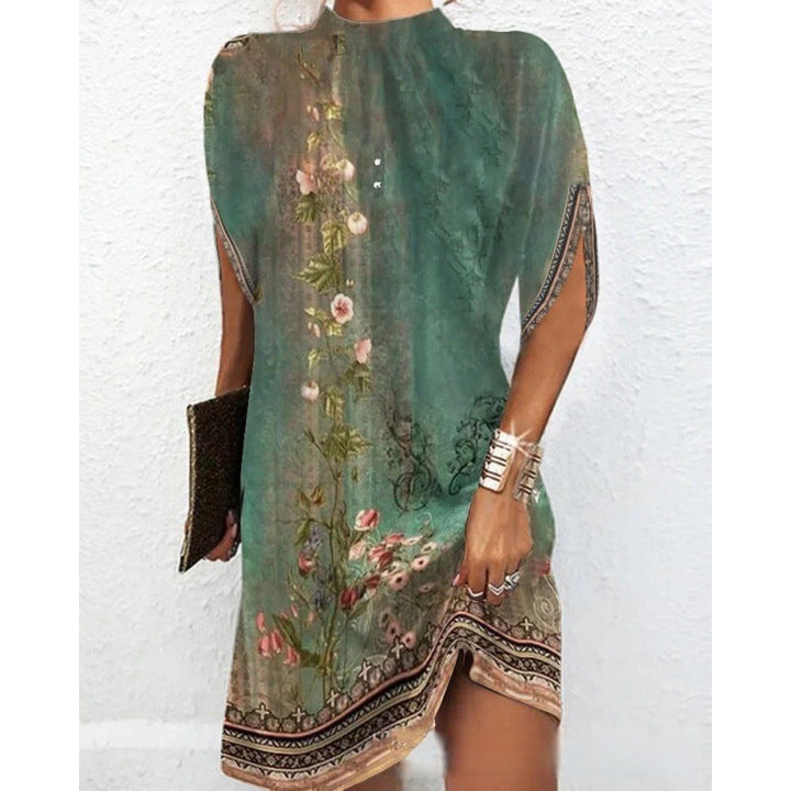 Levoire | Chic Fashion Robe à col rond à manches chauve-souris Fleur verte