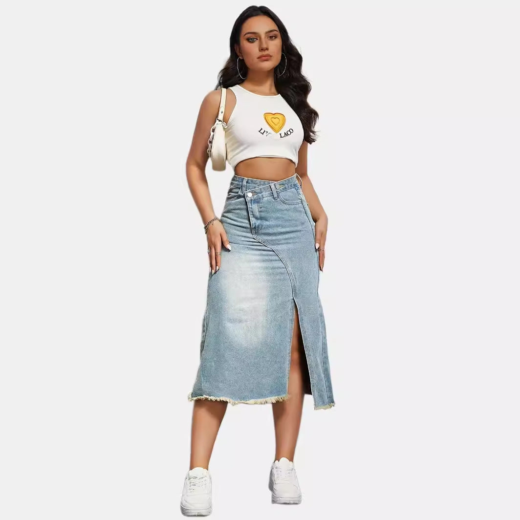 Jupe en denim longue pour femme avec fente asymétrique et ourlet effiloché Levoire