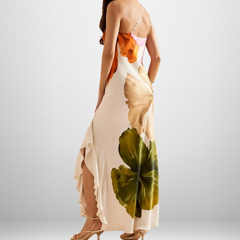 Robe maxi pour dames avec motif floral et décolleté asymétrique Levoire