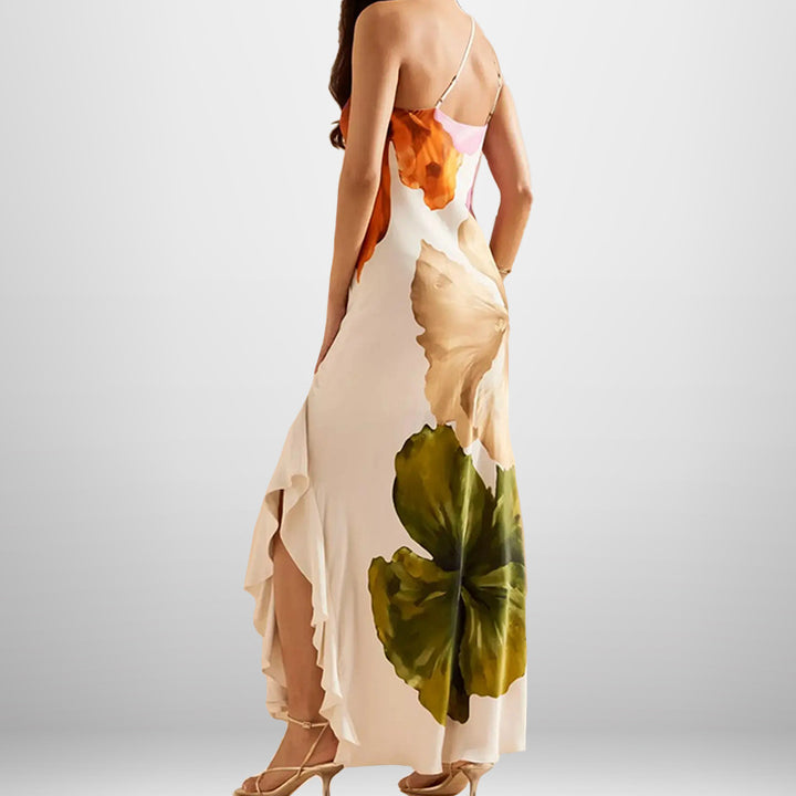 Robe maxi pour dames avec motif floral et décolleté asymétrique Levoire
