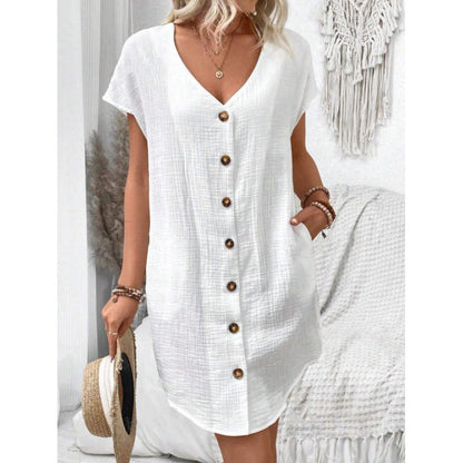 Levoire | Robe d'été à boutons en coton lin à décolleté V Blanc