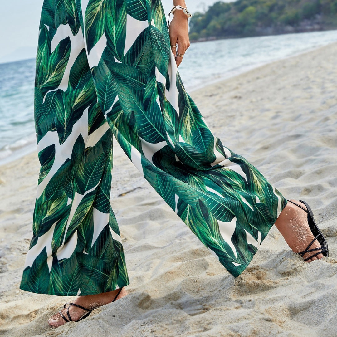 Pantalons de plage amples pour femmes avec motif de feuilles tropicales et taille élastique Levoire