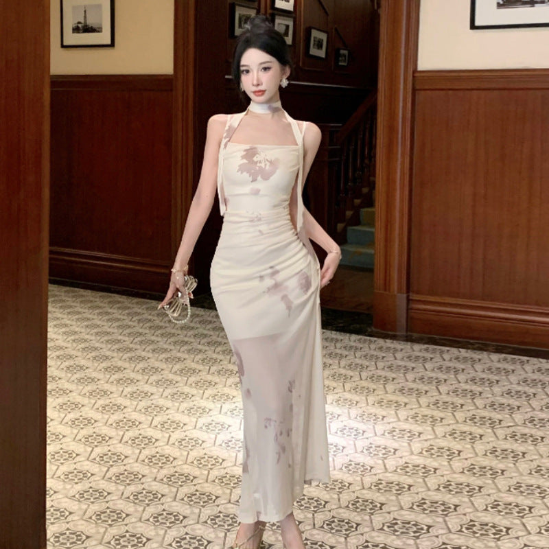 Levoire | Robe à une épaule Slimmante Sans manches Robe taille Fleur d'abricot (avec sangle de fixation)