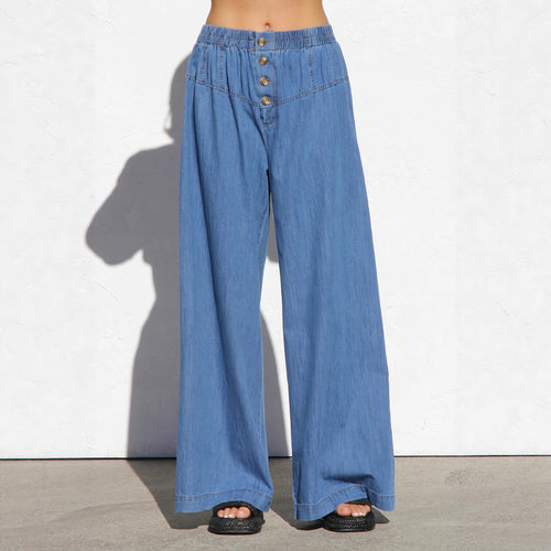 Pantalon en denim large pour femmes avec taille élastique et détails de boutons Levoire