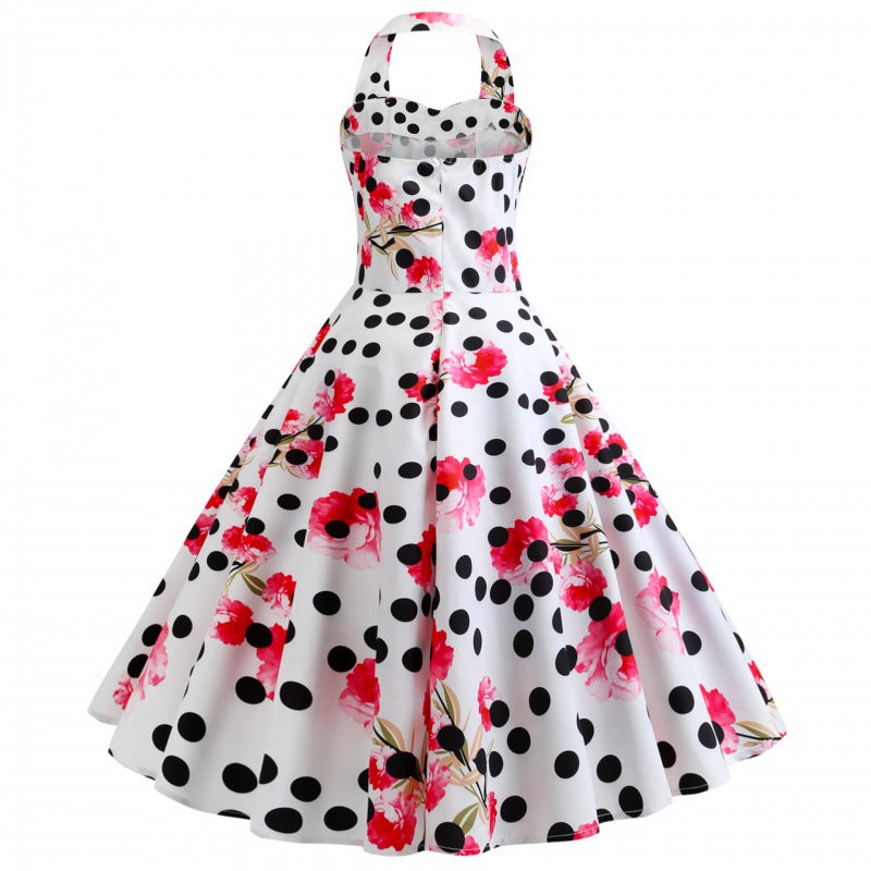 Robe swing rétro pour femmes avec motif floral et pois Levoire