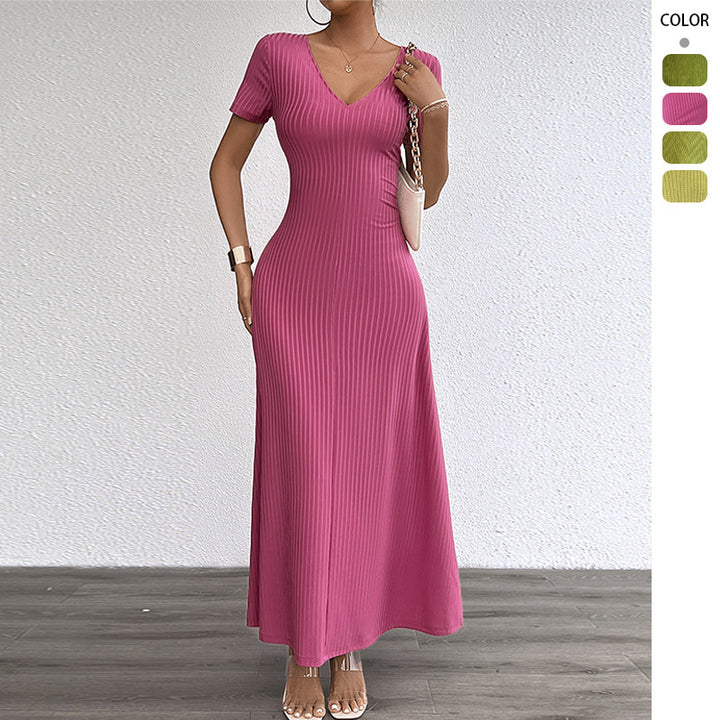 Robe maxi à manches longues pour femmes avec col en V élégant et texture côtelée Levoire