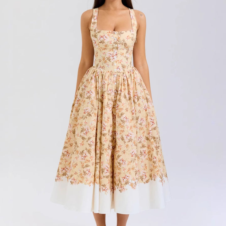 Robe Midi Femme avec Motif Floral Élégant et Fines Bretelles Levoire