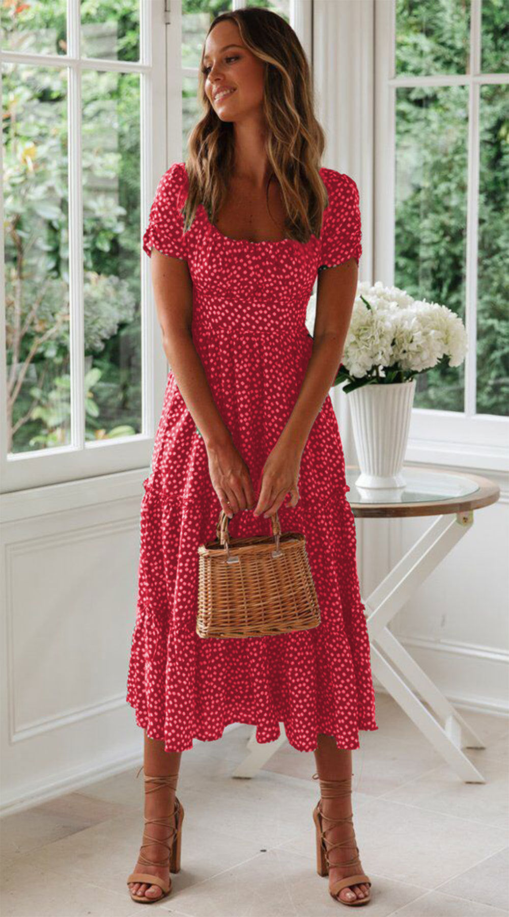 Levoire | Robe à fleurs Col carré Manches bouffantes Rot