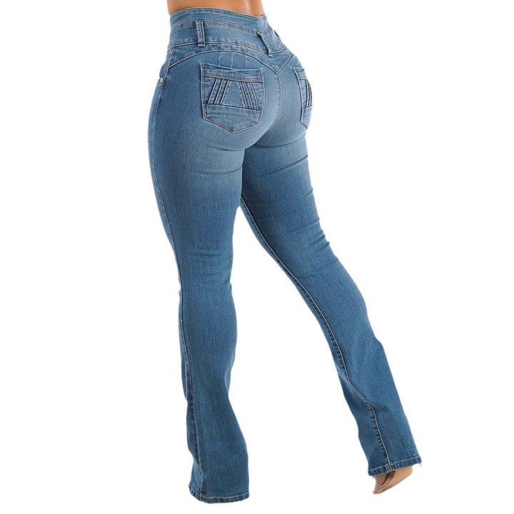 Jeans taille haute pour femmes avec ceinture élastique et fermeture à bouton décoratif Levoire