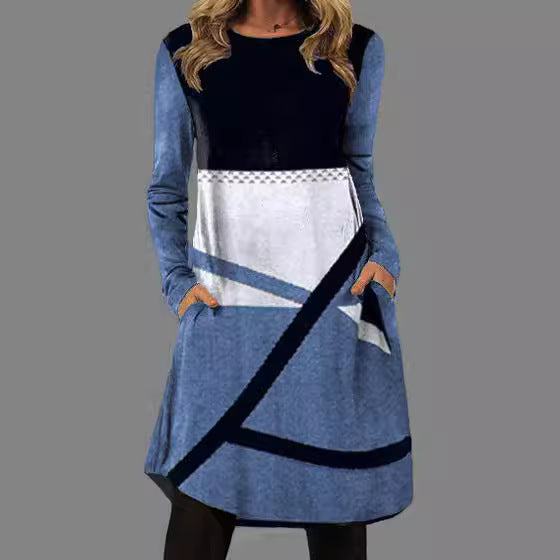 Levoire | Trendik Imprimé Col Ronde Longue Manche Tissu Poche Robe