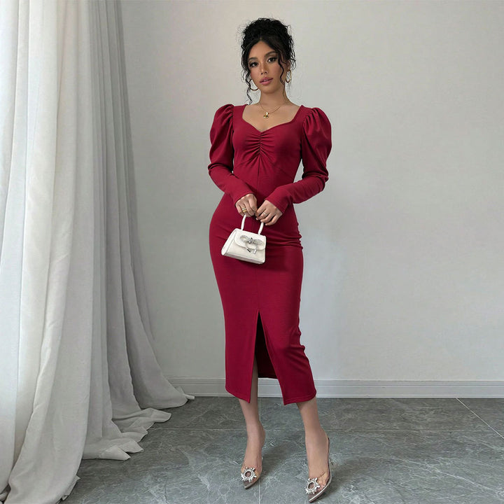 Robe midi femme avec manches bouffantes et fente sophistiquée Levoire