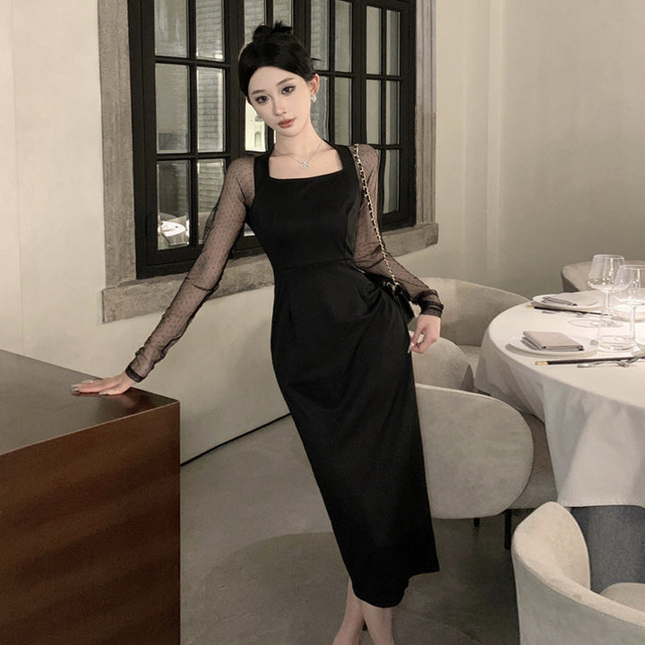 Levoire | Robe en filet Slim Fit Robe en filet à fente Noir