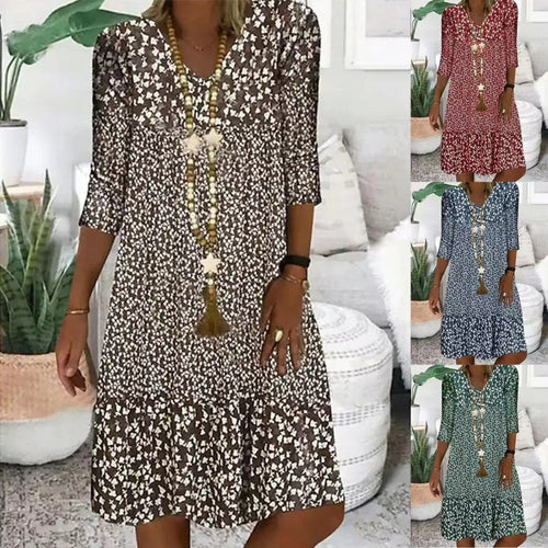 Levoire | Robe midi à col en V avec manches trois quarts à imprimé élégant