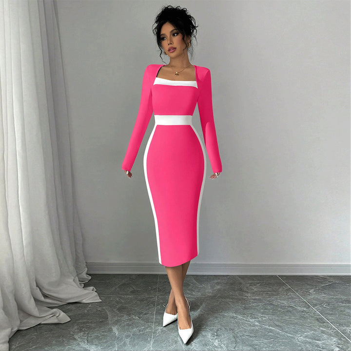 Robe midi ajustée pour femme avec décolleté carré et accents contrastants Levoire