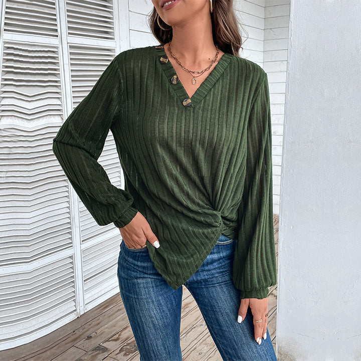Chemise à manches longues à la mode pour femmes avec décolleté en V et boutons décoratifs Levoire
