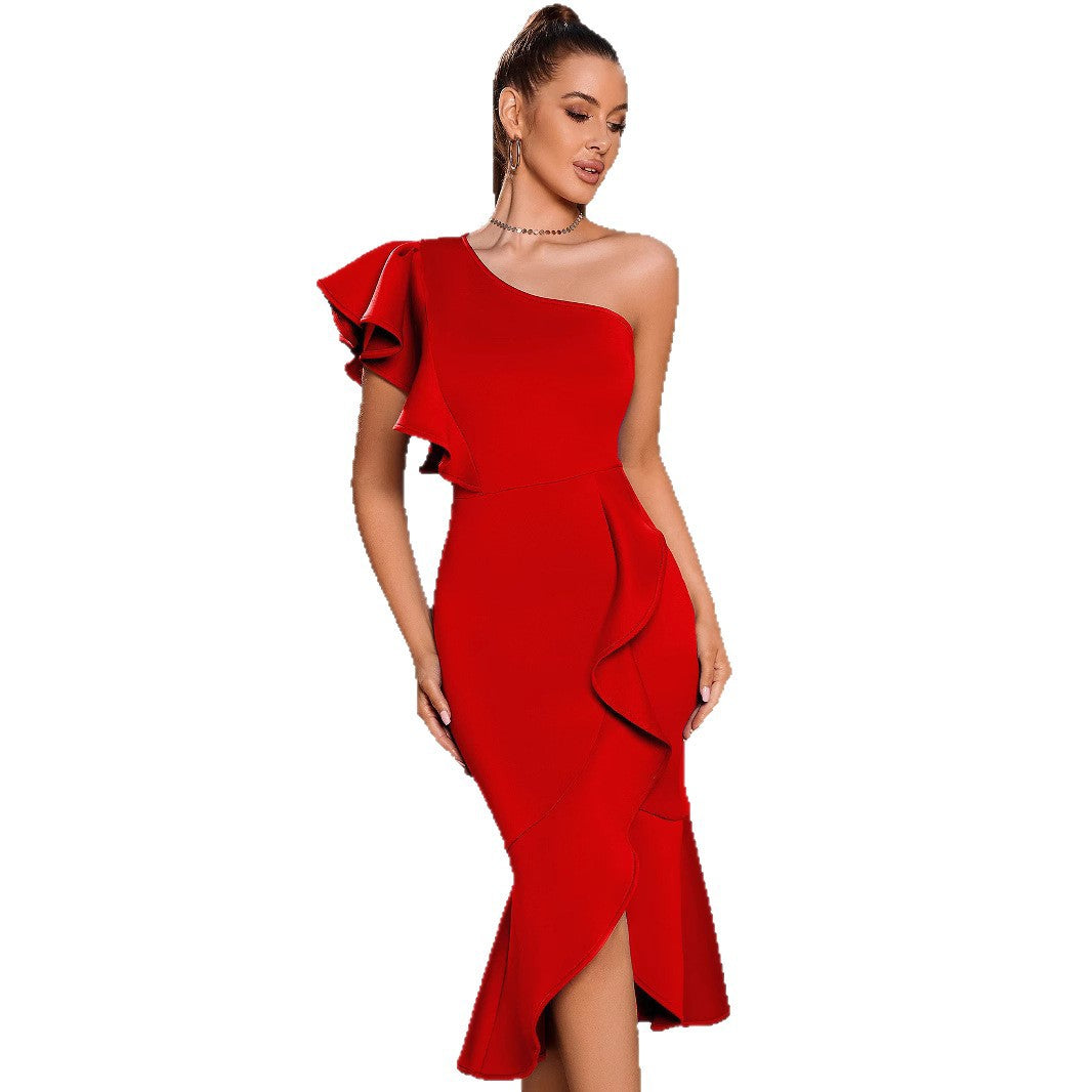 Robe Midi Femme avec Volants et Design Asymétrique Levoire