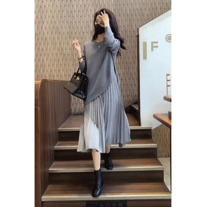 Levoire | Robe Tricot à Découpe sur le Côté Col Rond Tricot Gris
