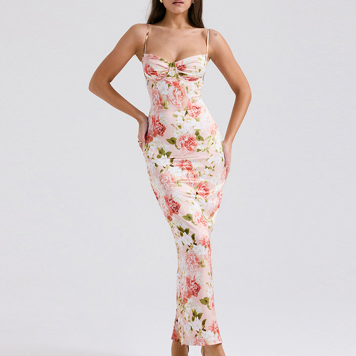 Robe maxi élégante pour femmes avec motif floral et bretelles spaghetti ajustables Levoire