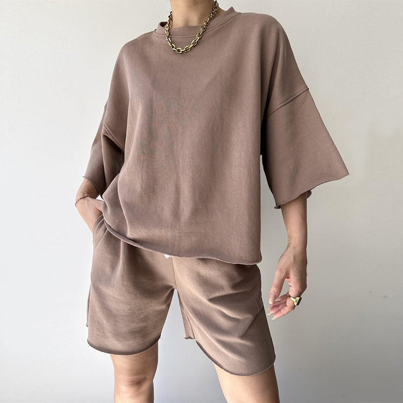 Levoire | Ensemble à deux pièces shorts lié à manches courtes décontracté Khaki