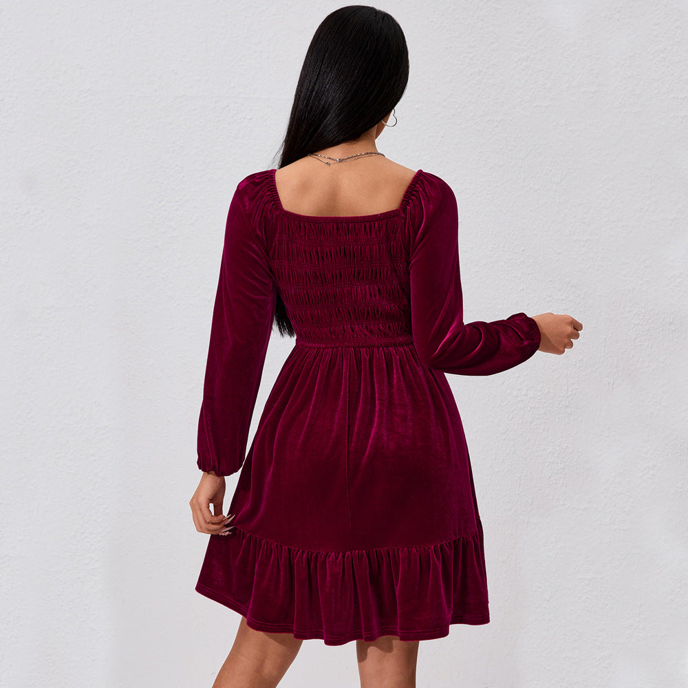 Robe Mini en Velours pour Femmes avec Détails Volants et Taille Élastique Levoire