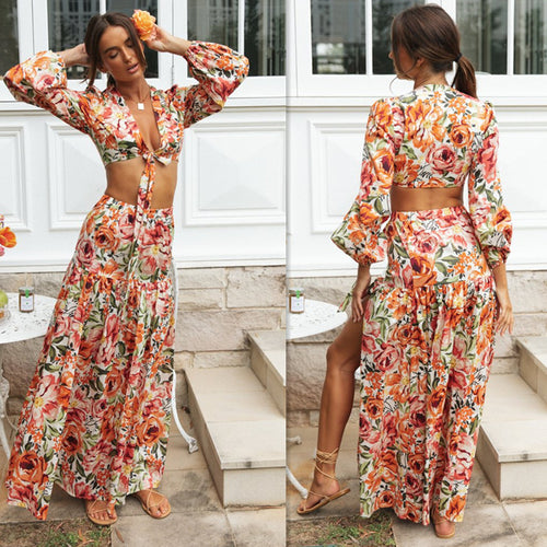 Robe maxi boho-chic pour femme avec volants et manches bouffantes Levoire