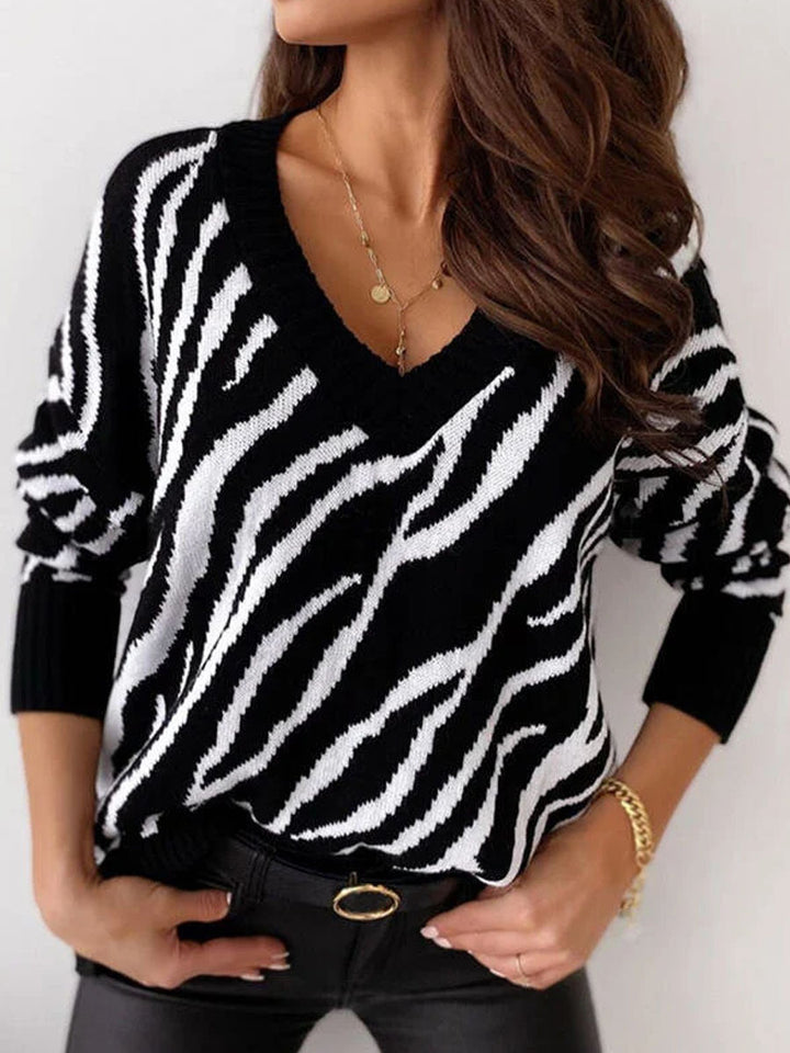 Pull pour femmes en tricot avec décolleté en V profond et motif zèbre Levoire