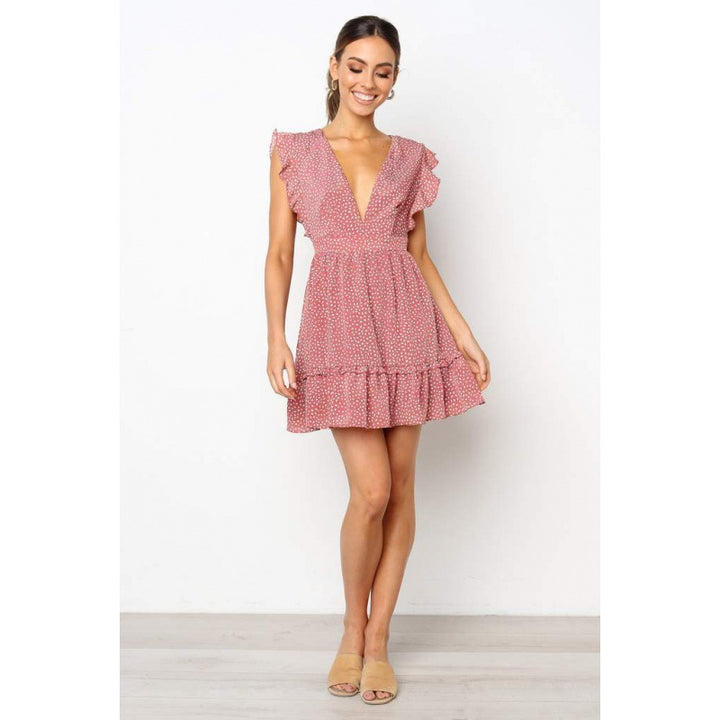Robe d'été mini pour femmes avec des détails de volants volumineux et un décolleté en V profond Levoire