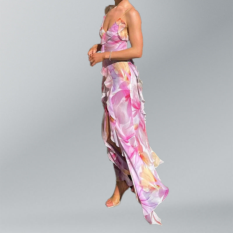 Robe maxi femme avec volants floraux et fente élégante Levoire