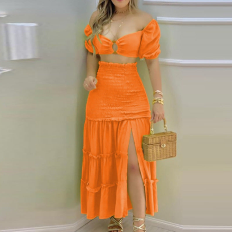 Robe d'été deux pièces pour femmes en tissu froissé avec manches bouffantes et fente haute Levoire