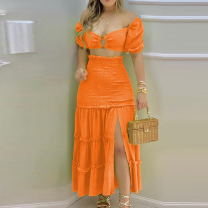 Robe d'été deux pièces pour femmes en tissu froissé avec manches bouffantes et fente haute Levoire