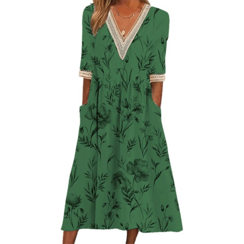 Levoire | Élégant Imprimé V-Découpe dentelle Trois-Quarts-manches robe